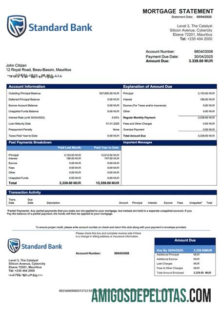 realista Mauritius Standard Bank (Maurício) Declaração de hipoteca limitada Word e modelo PDF